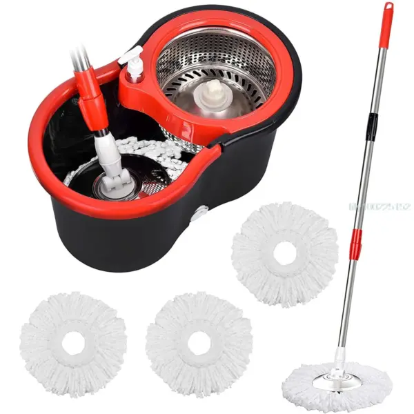 360° Spin Mop-spandsæt med vridningssystem, 3 mikrofiberhoveder, rustfrit stål kurv, 61 tommer forlænget håndtag til gulvrengøring